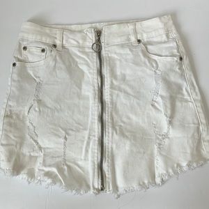 Distressed white denim zip-up skirt
